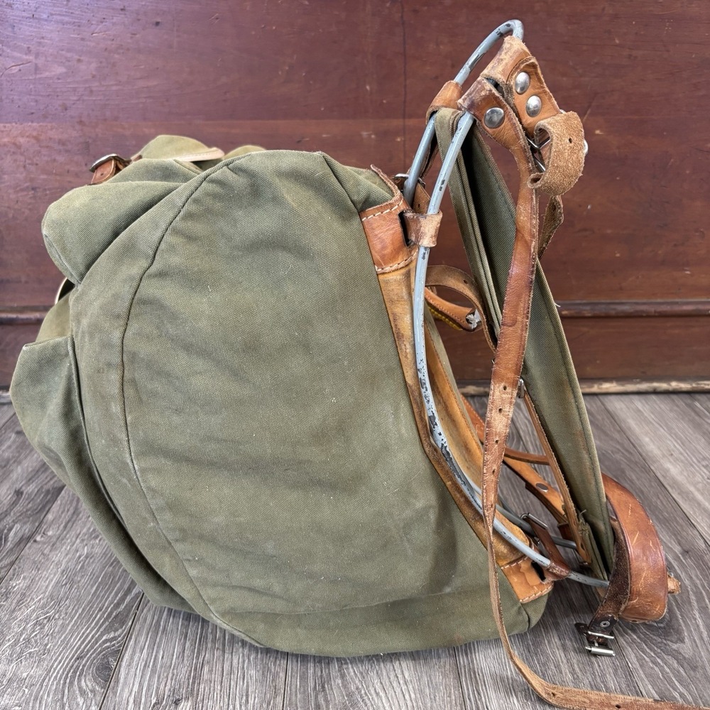Vintage Rare Army Military Metal Framed Canvas Leather Backpack Ruck Sack - Picture 4 of 16